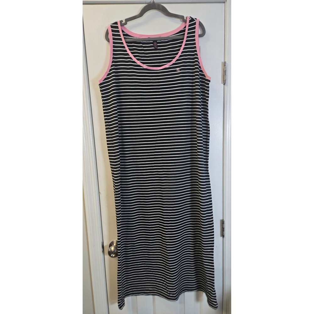 Lauren Ralph Lauren 2X Maxi Tank Dress Black White Striped Pink Trim Sleeveless